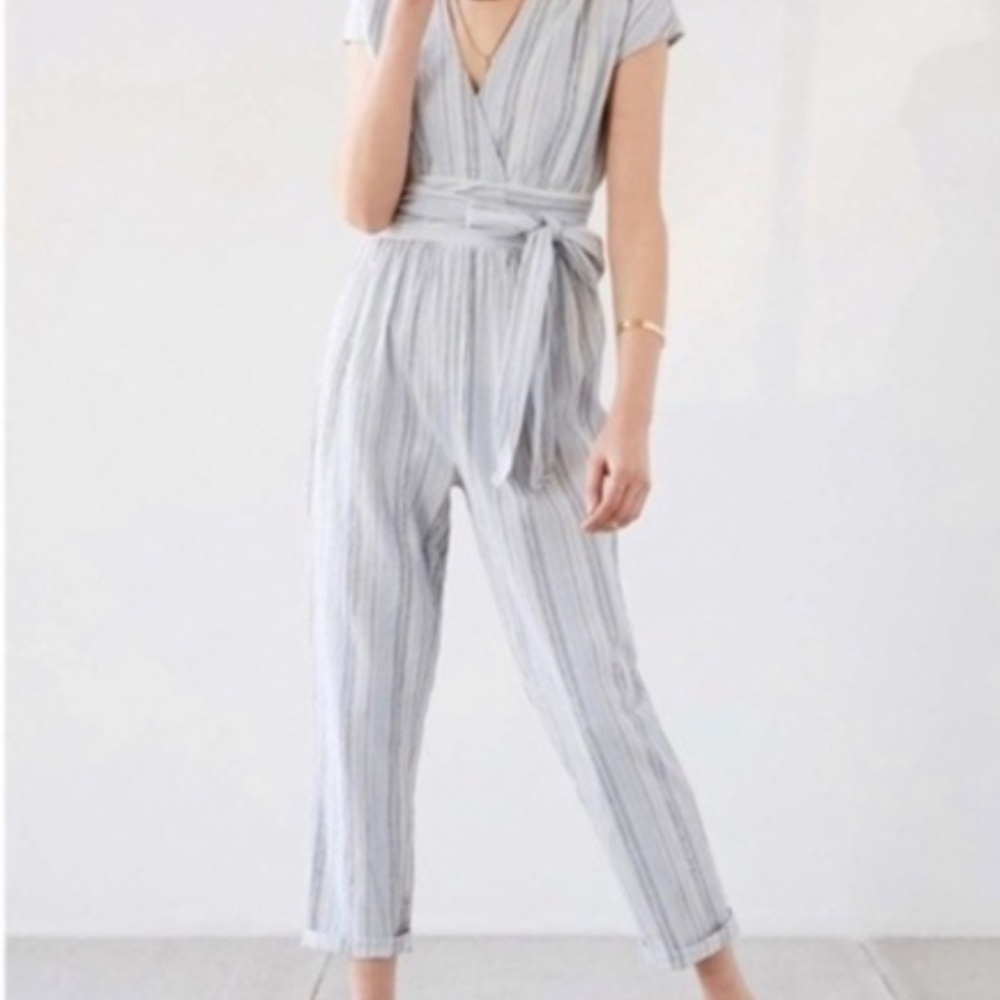 UO Ecoté Blue Yarn Dye Stripe Wrap Plunge Jumpsuit